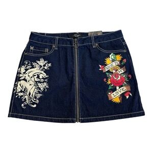NWT Ed Hardy Y2K Denim Jean Mini Skirt Rose Tattoo Panther Size L